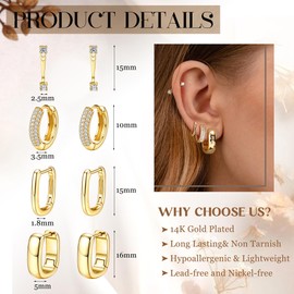 FIOROYAL Small Gold Hoop Earrings Set for Women 14K Gold Chunky Hoops Earrings Stud Hypoallergenic Lightweight CZ Thick Huggie Open Hoops Earring Sets for Multiple Piercings Gold
