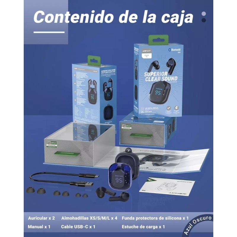 Acefast Audifonos Inalámbricos Pantalla Digital Reducción Ruido Ipx4 Color Azul