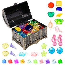 Neikafan Diving Toys Gems,30PCS Colorful Diamond and Plastic Gems Set with Pirate Treasure Chest Box Diving Toys for Swimming Pool for Boys and Girls Underwater Gemstone Swimming Training Gift Toys
