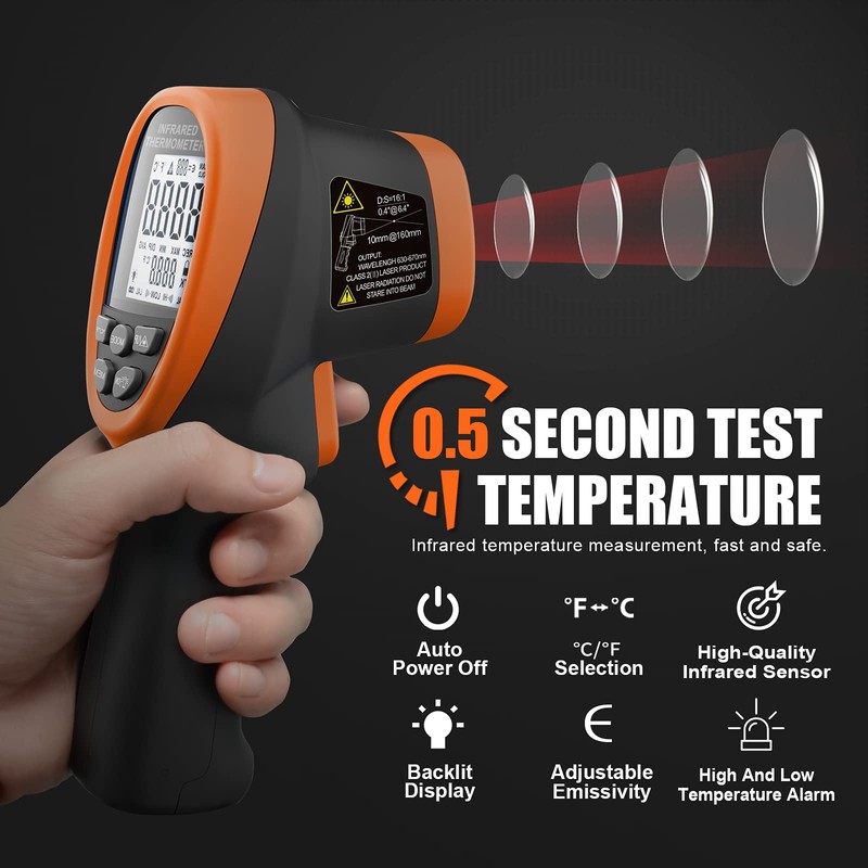 Infrared Thermometer Gun - BTMETER 985C Non Contact 16:1 IR