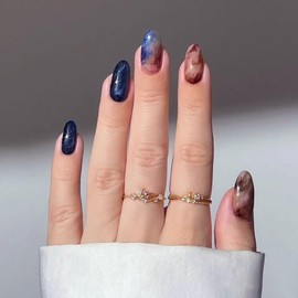 Press on Nails Short Oval OFDNE Ombre Fake Nails Blue & Red False Nails with Designs Ink Smudge Full Cover Glossy Glue on Nails Acrylic Nails Stick on Nails for Women Girls 24 Pcs