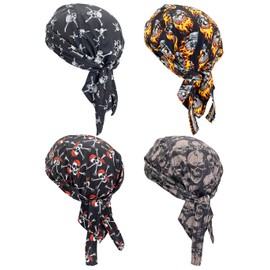 Supeniu Doo Rags Beanie Skull Caps Helmet Liner Sweat Wicking Hard Hat Motorcycle Cooling Dew Rag Bandana Large Headwrap Cosplay Pirate Do Rags for Men and Women (Skull 4 Pack)