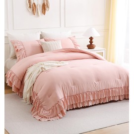 Herside Pink Ruffle Comforter Set Queen Size,Shabby Chic Boho Bedding Sets, Soft Fluffy Comforters Sets for All Season,Vintage Ruffled 3 Pcs Microfiber Lightweight Quilt Set for Women Girls