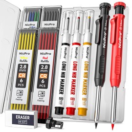 Nicpro 2 Pack CP1000 Carpenter Pencil with Sharpener, Mechanical Carpenter Pencils with 26 Refills, Deep Hole Long Nib Marker Pens for Construction, Heavy Duty Woodworking Pencil for Architect Marking