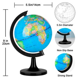 Fun Lites 14CM World Globe for Kids Learning, Educational Rotating World Map Globes Mini Size Decorative Earth Children Globe for Classroom Geography Teaching, Desk and Office Decoration