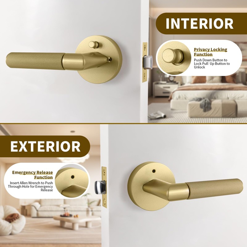 Bak Bo Interior Privacy Door Handle with Lock, Indoor Knurled