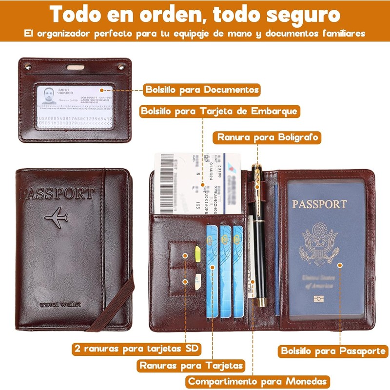 Porta Pasaporte Viaje,Cartera para Pasaporte RFID(Marrón cafe)