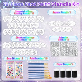 58 Pieces Face Paint Stencils and Brushes Kit, Incledes 36 Reusable Facial Painting Stencils, 6 Sheets Tattoo Stencil Stickers, 10 Brushes, 2 Pack Adhesive Gems, 4 Sponges for Party Festival Makeup