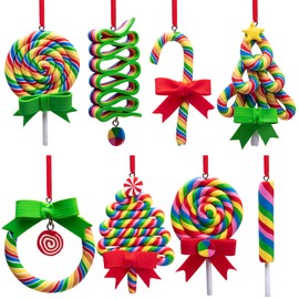 codree 8 PCS Christmas Lollipop Ornaments- Rainbow Lollipop Hanging Ornaments- Christmas Candies Polymer Clay Ornament for Xmas Tree Party Decoration