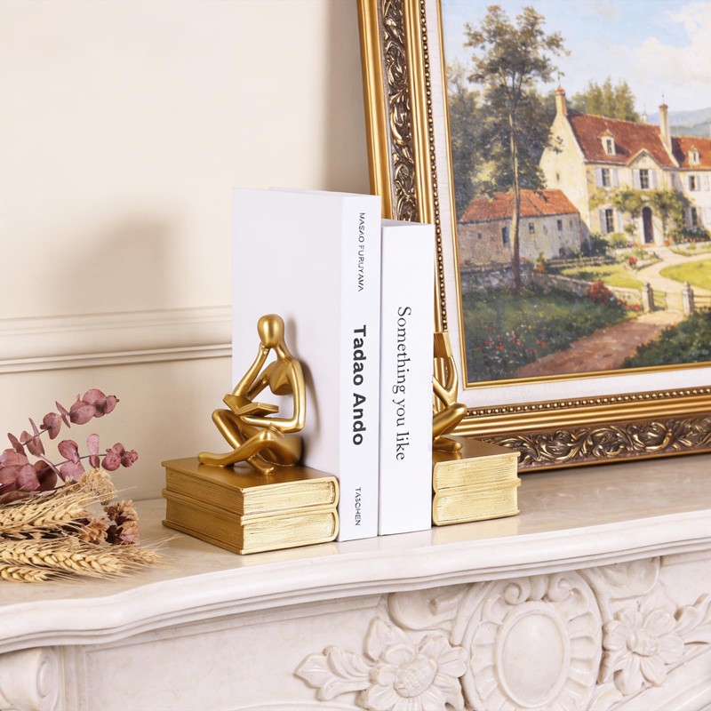 Reading Thinker Statue Book Ends for Shelves, Decorative Bookends for