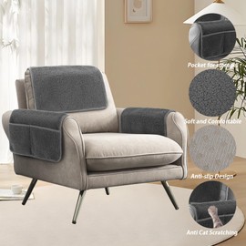 Niuoppy Armrest Cover, Headrest Cover for Recliner Sofa 3pcs Fleece Armchair Slipcover, Nonslip Recliner Chair Covers Furniture Protector for Pets (Light Grey, 1 Seater)