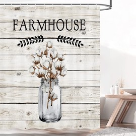 bzwcbei Farmhouse Shower Curtain, Cotton Flower in Mason Jar on Rustic Country Barn Wood Fabric Shower Curtains, Farm Countryside Floral Waterproof Bathroom Curtain Liner Set with Hooks 69x70inches