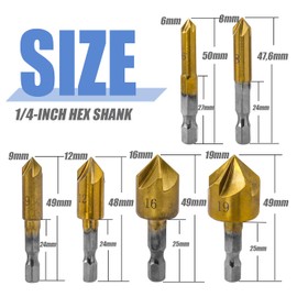 Mesee 6 Pieces Countersink Drill Bit Set 1/4 Inch Hex Shank 5 Flute 82 Degree Chamfering Drill Bits Titanium Coated HSS Center Countersink Bits for Wood Drilling 6/8/9/12/16/19mm