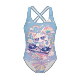 ORGYPET - Traje de baño de una pieza para niñas, talla 5-14, leotardo de gimnasia kawaii para día festivo en la playa, Arco iris de gato, 7-8 Años