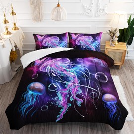 AILONEN Jellyfish Comforter Set Twin Size, Ocean Themed Bedding Set for Boys Girls,Colorful Coral Sea Animals Print Bed in a Bag Duvet Set 3 Pieces, 1 Quilt and 2 Pillowcases