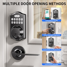 keyless Entry Door Lock deadbolt with Handle Set- Front Door Fingerprint Smart Locks with 2 Lever Handles-Electronic Keypad Code Deadbolt -App Control, Digital Password,Auto Lock,Easy to Install