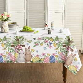 Horaldaily Easter Tablecloth 60×84 Inch Rectangular, Pink Easter Bunny Egg Flowers Washable Seasonal Table Cover for Party Picnic Dinner Decor