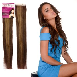 Simply Extensions Remy Double Sided Tape in Hair Extensions Human Hair 21 inch 5pc 45g/pk Seamless Skin Weft Remy Color: 4/27 Brownie Caramel - Silky Straight