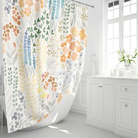 MAYZUS Colorful Floral Shower Curtain, Orange Boho Flower Fabric Shower Curtain, Cute Funky Watercolor Wildflower Shower Curtain Set, Cottagecore Bohemian Bathroom Decor, 72x72