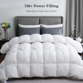 KAKABELL Pinch Pleat Goose Down Feather Fiber Comforter King Size, Breathable Fluffy White Duvet Insert with Cotton Blend Fabric, 750+Fill Power All Season Hotel-Quality Bed Comforter 90" x 106"
