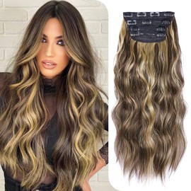 20 Inch Synthetic Hair Extensions Medium Brown Highlighted Yellow-ish Blonde Clip in Hair Extensions Thick and Full 4Pcs Long Wavy Soft Synthetic Hairpieces for Women