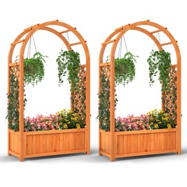 Giantex Set of 2 Raised Garden Bed with Arch Trellis, for Climbing Vine Flower Vegetable, Wood Planter Box with Liner & Drainage Design, Outdoor Plant Container for Yard Balcony (33"x14"x58")