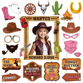 Western Party Decorations, 28 Pcs Western Photo Booth Props with Wanted Poster Photo Booth Frame, Wild West Photobooth Props for Rodeo Themed Party Decor