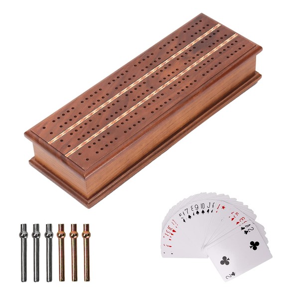 GSE 2-Track Wooden Cribbage Board Game Box with Playing Cards, Metal Pegs and Storage Drawer, Classic Cribbage Board with Large Storage for Kids Adults Family Games