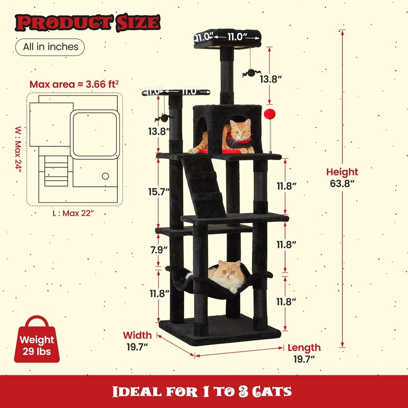 MWPO 63.8 inches Multi-Level Cat Tree for Large Cats with