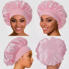 Mcoser Hair Bonnet for Sleeping,Pink Sleep Bonnets,Silk Sleep Bonnets for Women,Adjustable Night Sleeping Cap,Elastic Band Silk Bonnets for Sleeping,