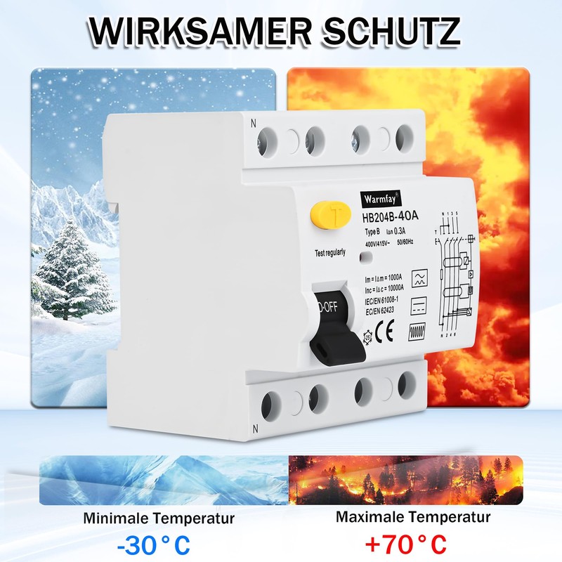 Warmfay FI Circuit Breaker 40A 300mA 4-Pin Residual Current Circuit