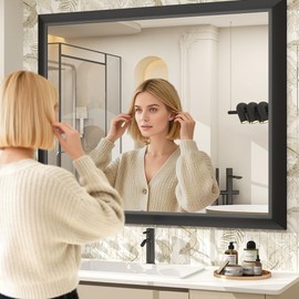 SMIROR Matte Black Bathroom Mirror for Over Sink 44x 36 inch, Metal Thick Frame Rectangle Vanity Mirror for Wall, Anti-Rust, Horizontally or Vertically Mounted