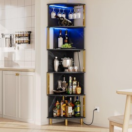 IRONCK Corner Bar Cabinet with LED Lights & Power Outlets, 5-Tier Corner Shelf with Glass Holder, Wine Bar Cabinet Liquor Cabinet for Living Room, Dining Room, Kitchen, Black & Gold