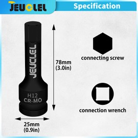 JEUCLEL 12mm Hex Impact Bit Socket, H8 1/2-Inch Impact Drive Allen Socket, Cr-Mo Steel Lengthen Hex Screwdriver Adapter for Electric Ratchet Wrenches Fastening Screws