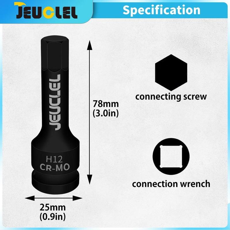 JEUCLEL 12mm Hex Impact Bit Socket, H8 1/2-Inch Impact Drive
