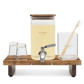 ZUTT 5-Piece Glass Bathroom Accessory Set - Mouthwash Dispenser with Reusable Cups, Toothbrush Holder and Acacia Wooden Tray, 1300 ml Capacity, Minimalist & Hygienic Organizer for Counter Décor