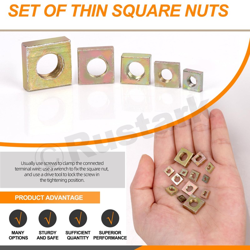 Rustark 90Pcs M3 M4 M5 M6 M8 Square Nuts Assortment