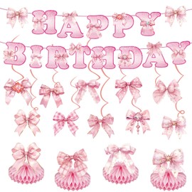 Pink Bow Birthday Party Decorations Includes Pink Bow Birthday Banner Hanging Swirls Honeycomb Centerpieces Table Decor for Coquette Birthday Baby Shower Bridal Bachelorette Cute Bow Party Supplies