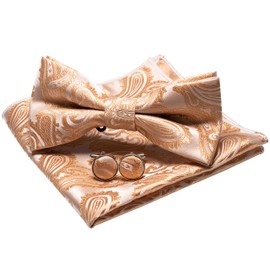 Jemygins Paisley Bow Tie, Men’s Pocket Handkerchief and Cufflinks Set - Champagne gold., size: m