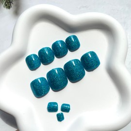 24 Pcs Blue Press on Toenails Short Square Shape Fake Toe Nails Glossy Acrylic Toenails with Blue Glitter Design Full Cover False Toenails Summer Artificial Toenails for Women Girls DIY Decorations