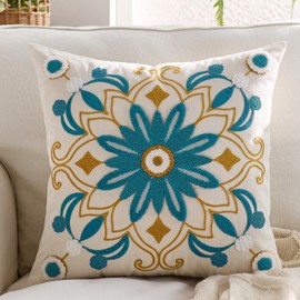 Kuderiy Embroidered Throw Pillow Cover 18x18 Classic Boho Floral Pattern Pillows Cover Outdoor Decorative Pillowcase,Durable Cozy Textured Cushion Case for Sofa Couch Bed Living Room,Teal