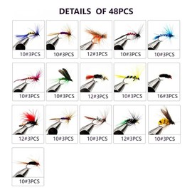 Fly Fishing Flies Kit, Fly Fishing Lures with Fly Fishing Box Fly Fishing Flies Assortment Kit for Bass Fly Fishing Flies Trout, Dry Flies Wet Flies (48)