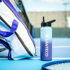 SANTECO Thermos Flask with Straw, Water Bottle, Stainless Steel, 1100 ml, BPA-Free with 2 Lids, Colour Gradient, Insulated Jug, Dishwasher Safe for Travel, Camping, Blue, Purple