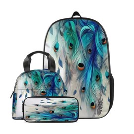 NEVOH Abstract Peacock Backpack Set with Insulated Lunch Bag and Pencil Case (3-in-1)