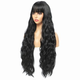 Wig Black Long Curly Wigs for Women, Wig with Fringe, Synthetic Fibre Curls Wigs for Women, 75 cm Curly Synthetic Wig with Fringe Bangs for Women