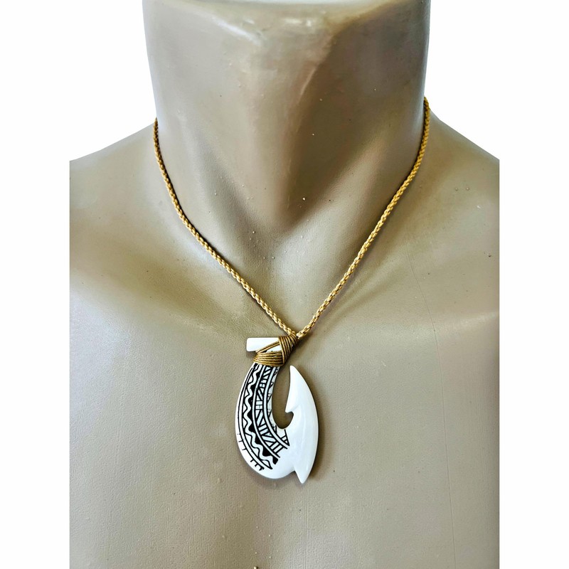 Hawaiian Hand Carved Tattooed Bone Fish Hook Necklace w/Khaki Cord.