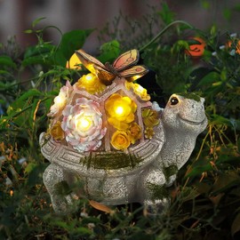 Solar Garden Statue, Succulent Turtle Figurines with Butterfly & 5 LED Solar Lights, Lawn Decor Statue for Garden, Waterproof Animal Outdoor Decor Lights Gifts for Mom Grandma (Butterfly)