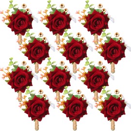 Sherr Set of 24 Burgundy Boutonniere for Men Rose Wedding Pocket Boutonniere with Pins Groom Groomsmen Corsage Man Suit Buttonholes Flower for Anniversary Party Prom Decoration Funeral Pins