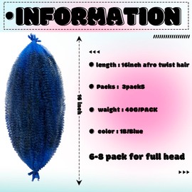 Springy Afro Twist Hair Pre Fluffed Marley Twist Braiding Hair Spring Twist Hair Wrapping Hair (1B-Blue, 16 inch(Pack of 3))