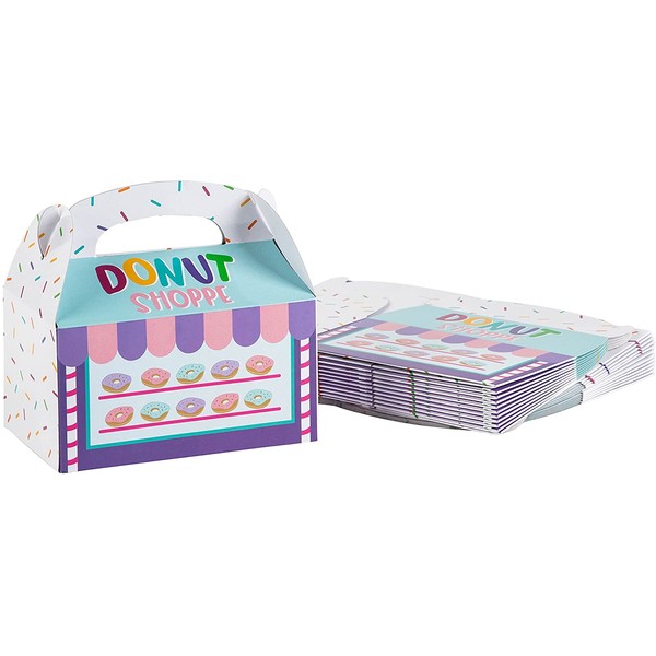 Treat Boxes - 24-Pack Paper Party Favor Boxes, Donut Shop Design Goodie Boxes for Birthdays and Events, 2 Dozen Party Gable Boxes, 6 x 3.3 x 3.6 inches